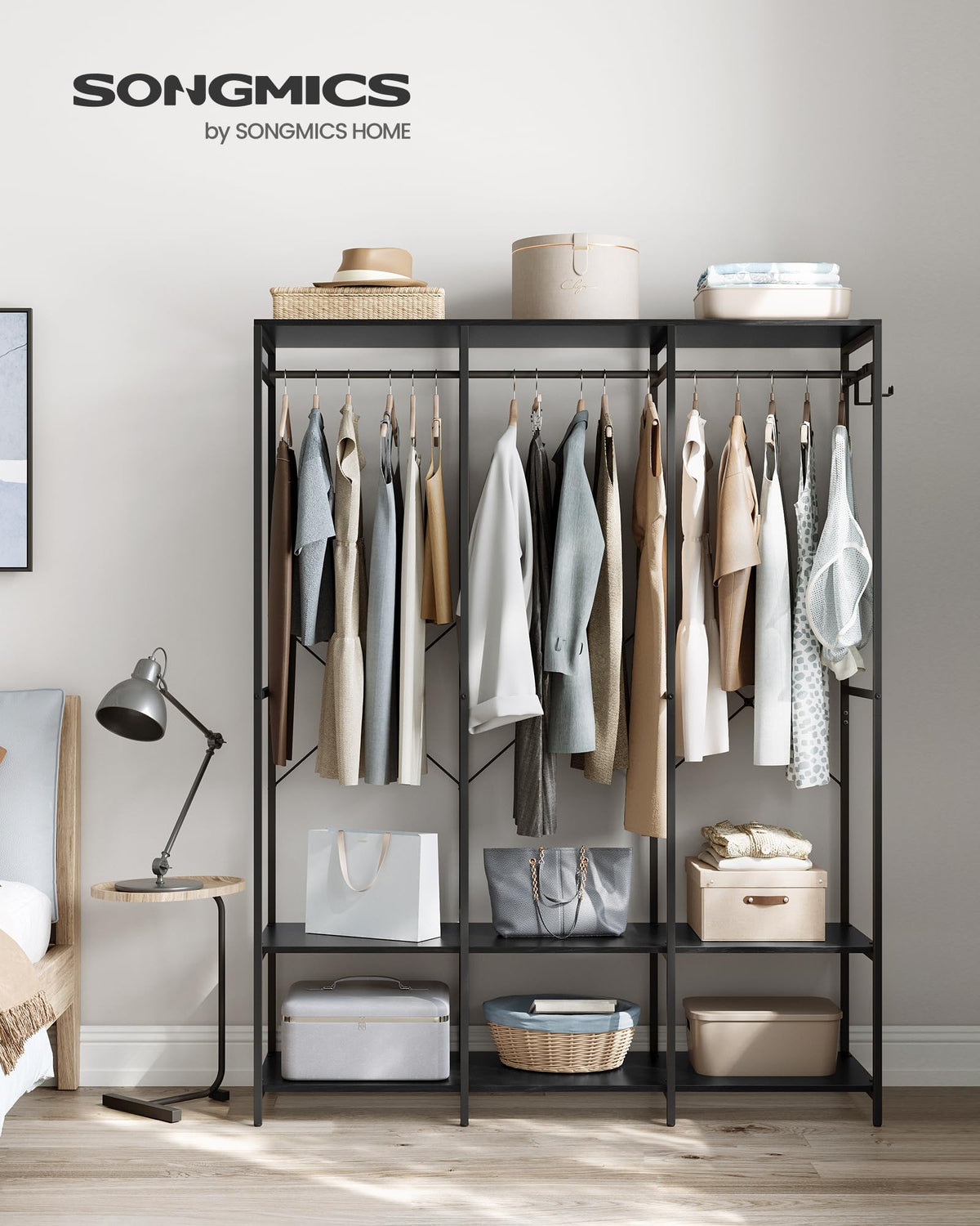 SONGMICS Clothes Rack, Iron and Wood Wardrobe Closet Organizer
