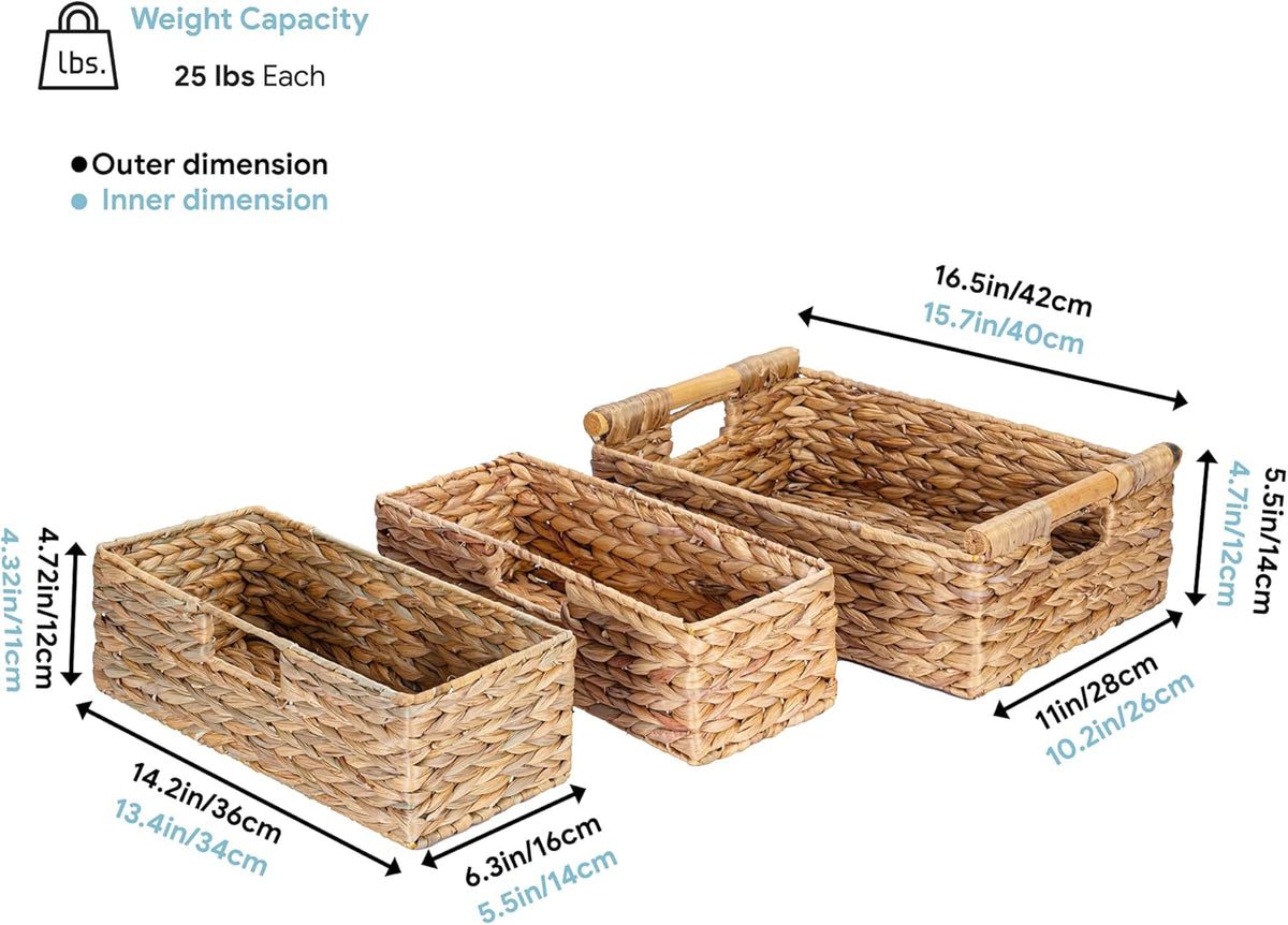 VATIMA Large Water Hyacinth Storage Baskets for Organizing with Wooden Handles for Shelves, 2