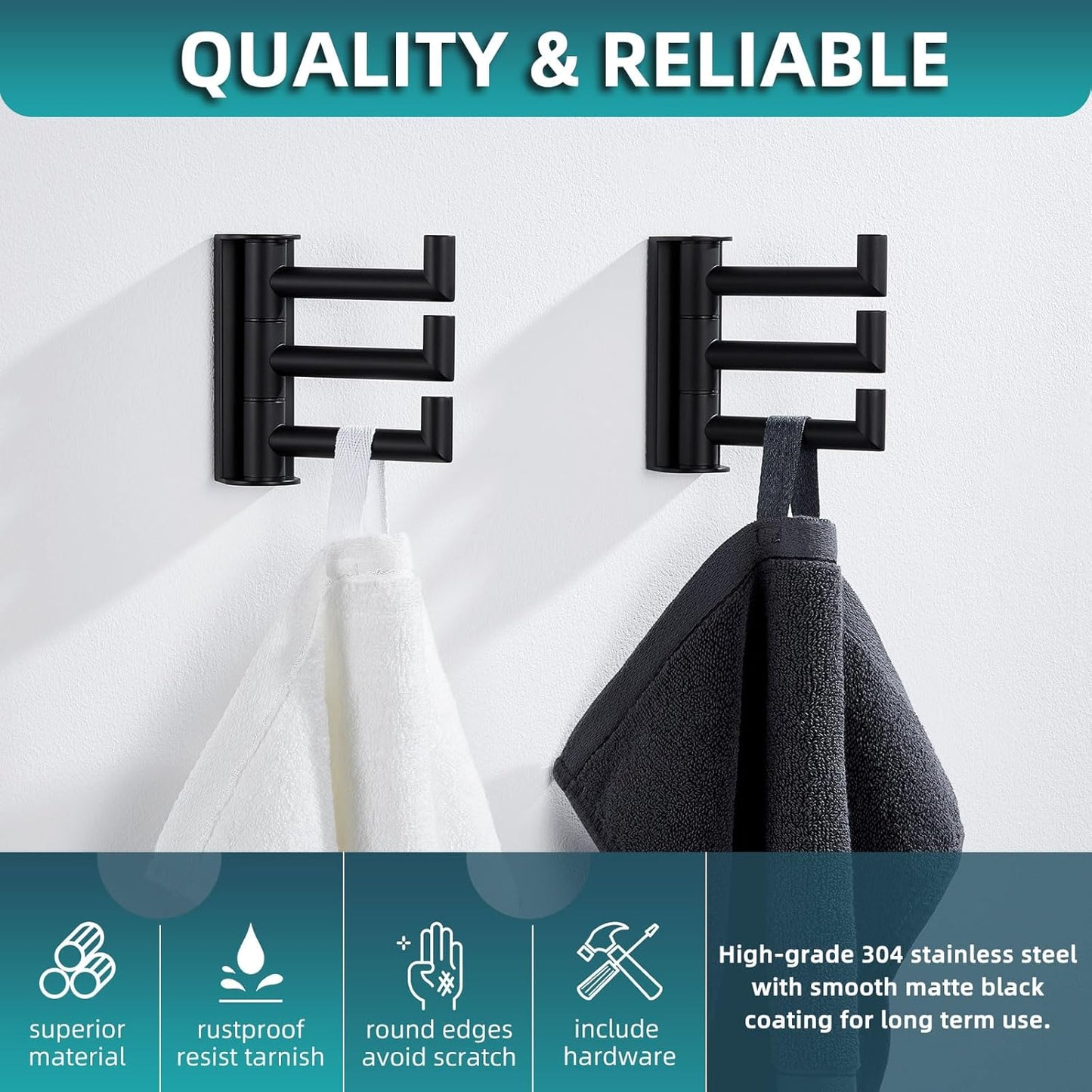 Angle Simple Swivel Towel Hooks for Bathroom, SUS 304 Stainless Steel Foldable 3 Arms Robe Towel
