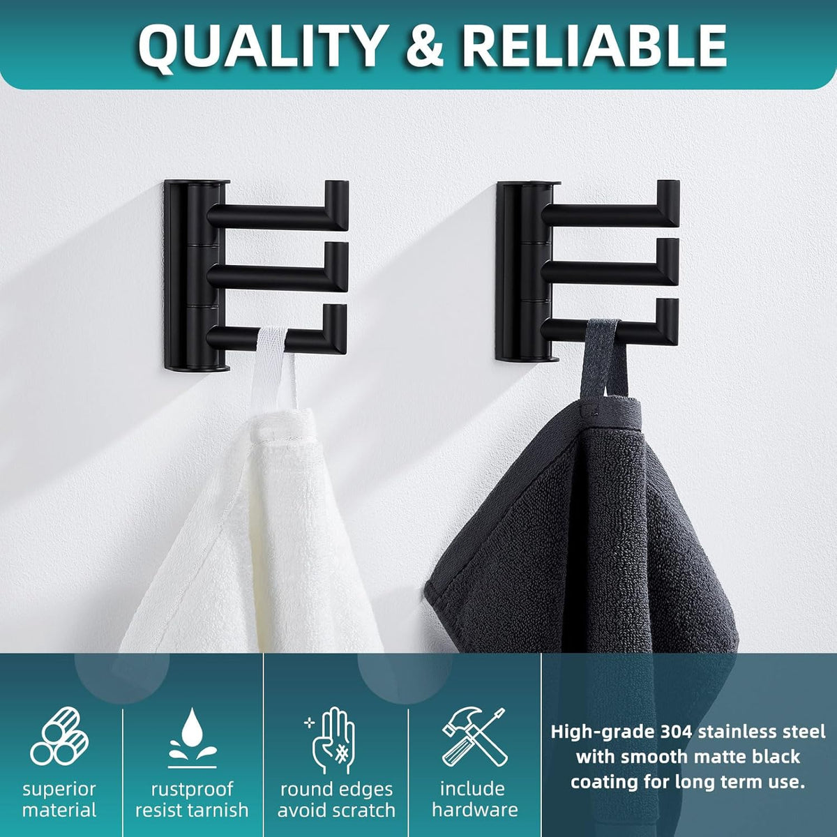 Angle Simple Swivel Towel Hooks for Bathroom, SUS 304 Stainless Steel Foldable 3 Arms Robe Towel