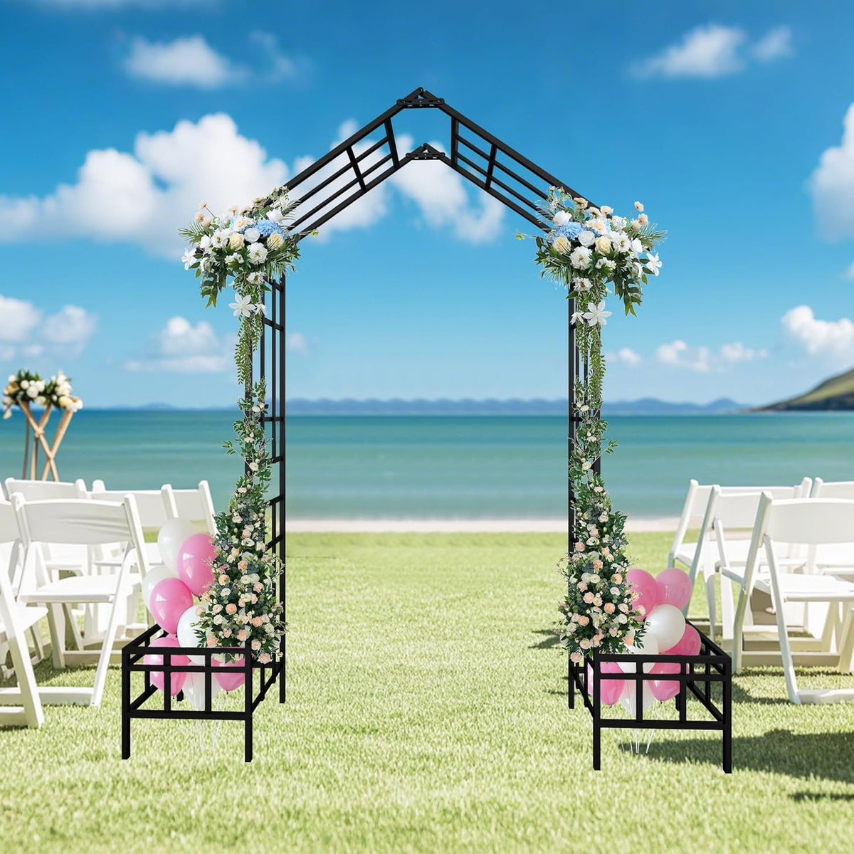 Metal Garden Arch with Plant Box Adjustable Width W68.11'' ~W94.29'' Garden Trellis Climbing Plants