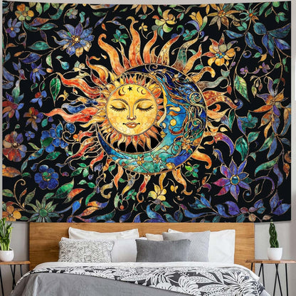 Aipon Sun and Moon Tapestry for Bedroom Boho Hippie Floral Wall Tapestry Aesthetic Vintage Stained