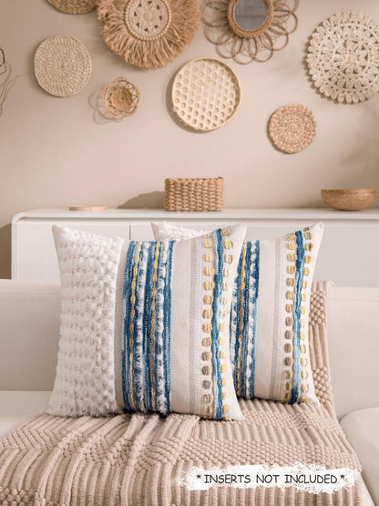 Boho Chenille Tufted Couch Throw Pillow Covers 18x18 Inch Set of 2 Farmhouse Striped Decorative
