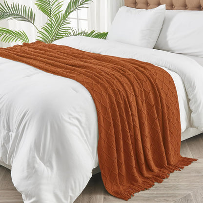 inhand Knitted Throw Blankets for Couch and Bed, Soft Cozy Knit Blanket with Tassel, Orange Rust