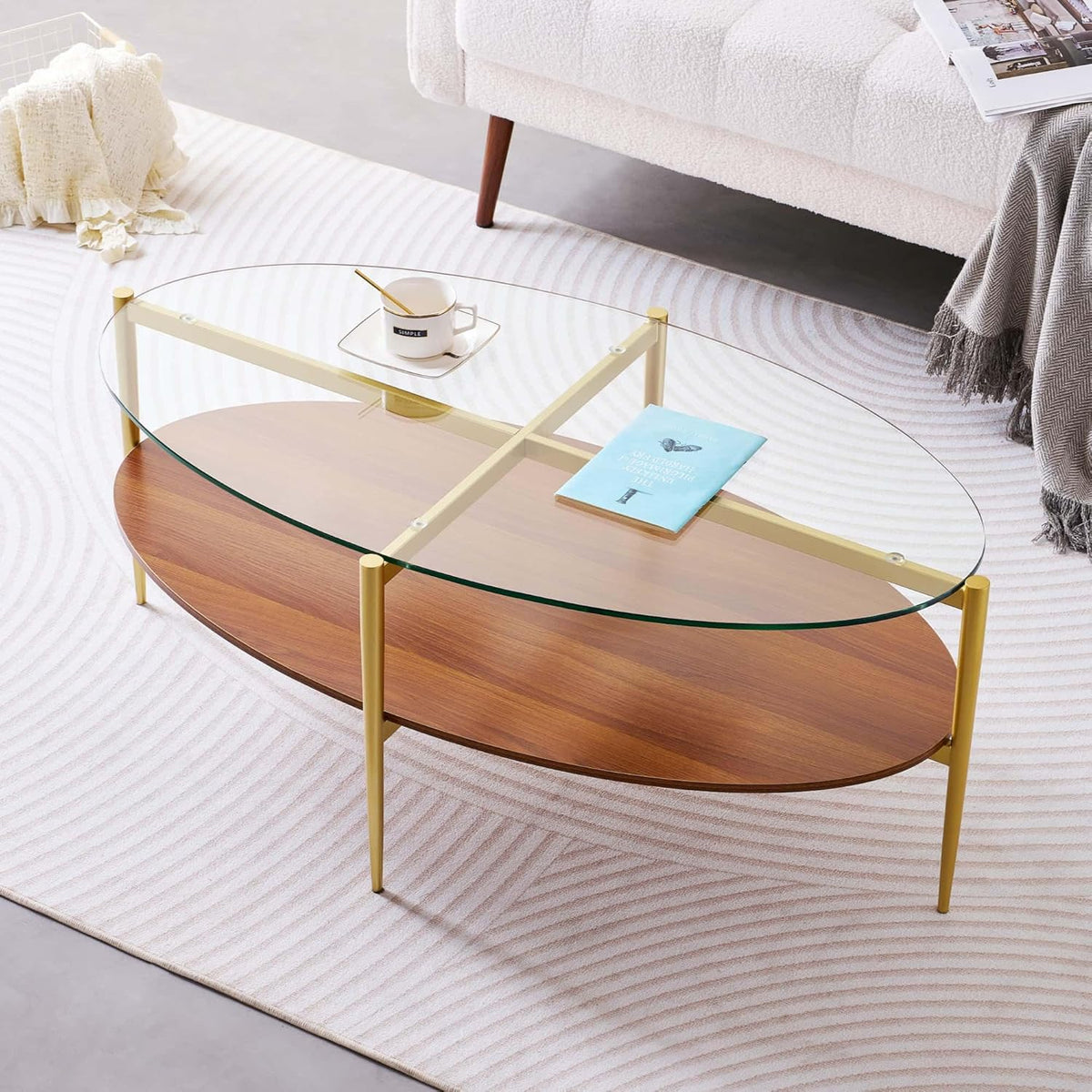Oval Glass Coffee Table, Mid-Century Modern Design, L43 x W22 x H17 inch, 2-Tier Structure, Olive