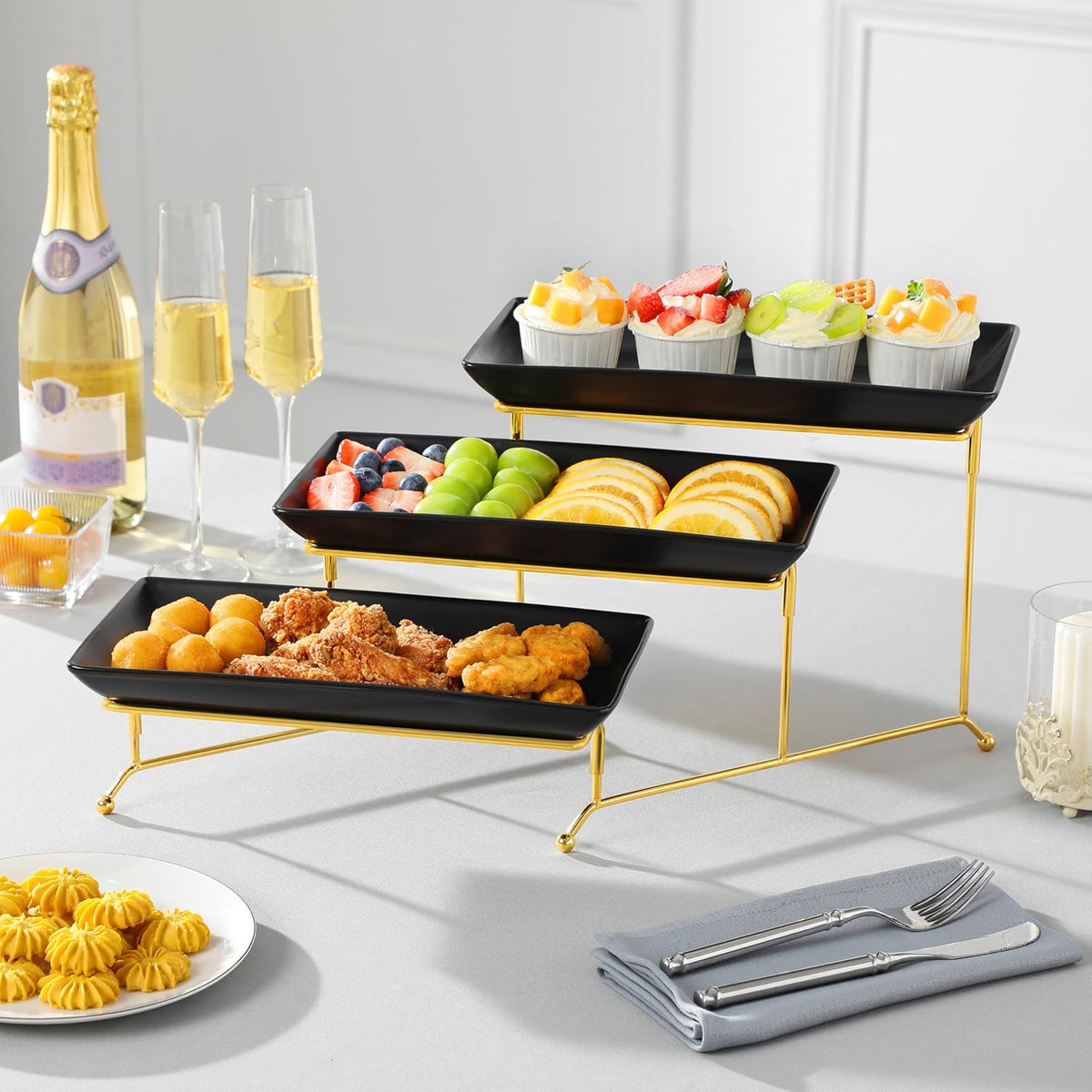 MALACASA 3 Tier Serving Trays for Party, 12 Inch Porcelain Black Trays for Serving Food, Dessert