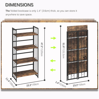 4NM No Assembly 4 Tiers Folding Bookshelf, 47.2" H Foldable Storage Shelves Vintage Bookcase