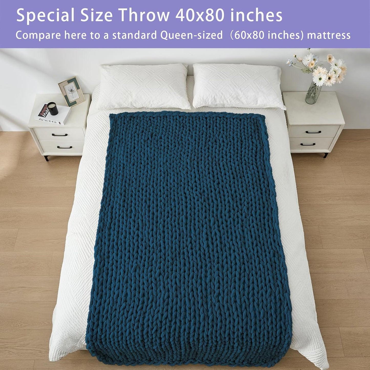 Bigacogo Chunky Knit Throw Blanket for Couch, 40x80 inches, 100% Hand Knitted with Thick Jumbo