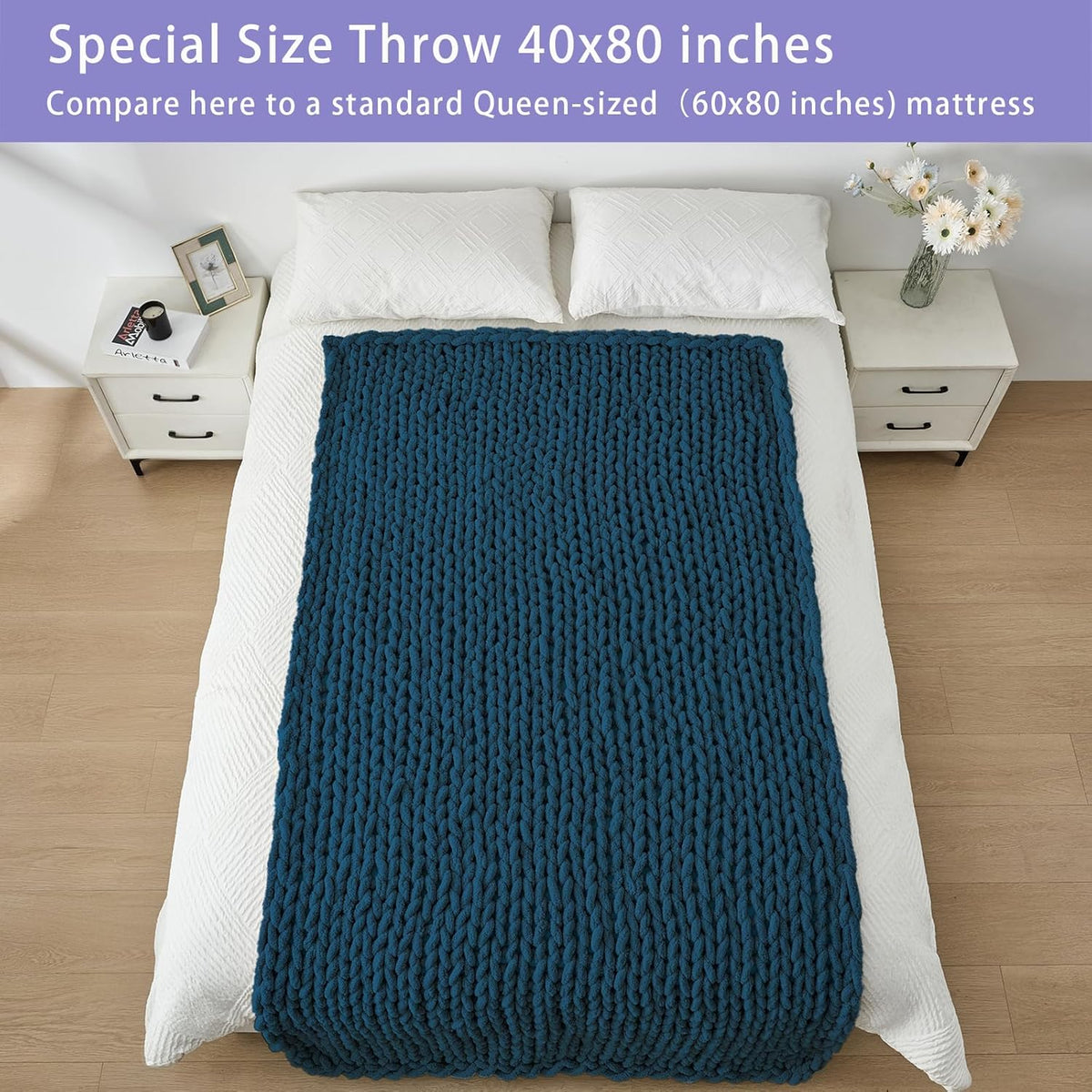 Bigacogo Chunky Knit Throw Blanket for Couch, 40x80 inches, 100% Hand Knitted with Thick Jumbo