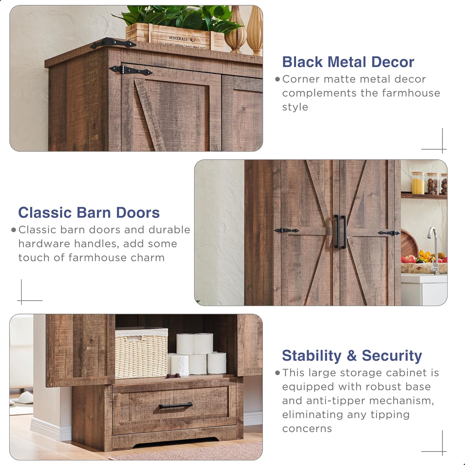 Farmhouse Kitchen Pantry Cabinet - 72" Tall Wood Kitchen Storage Cabinets with Adjustable Shelves &