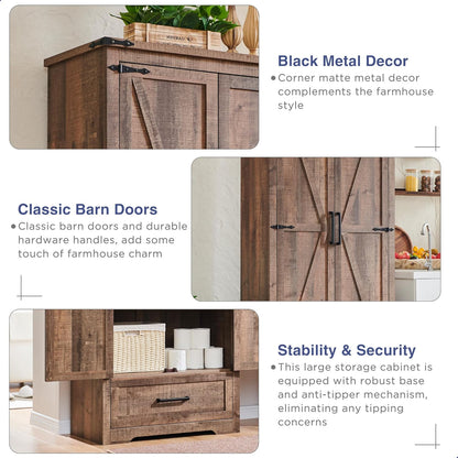 Farmhouse Kitchen Pantry Cabinet - 72" Tall Wood Kitchen Storage Cabinets with Adjustable Shelves &