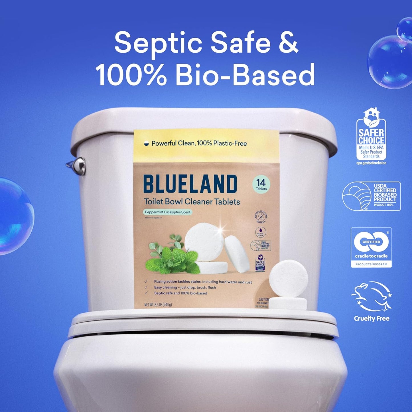 BLUELAND Toilet Bowl Cleaner Tablets, Starter Set, 14 Count with Tin, Peppermint Eucalyptus
