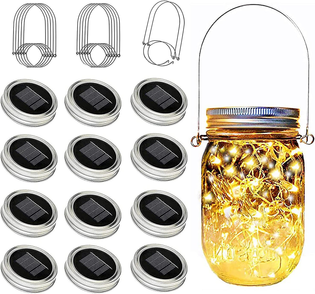 12 Pack Solar Mason Jar Lid Lights - 30 LED Firefly Fairy String Lights, Waterproof Outdoor Solar