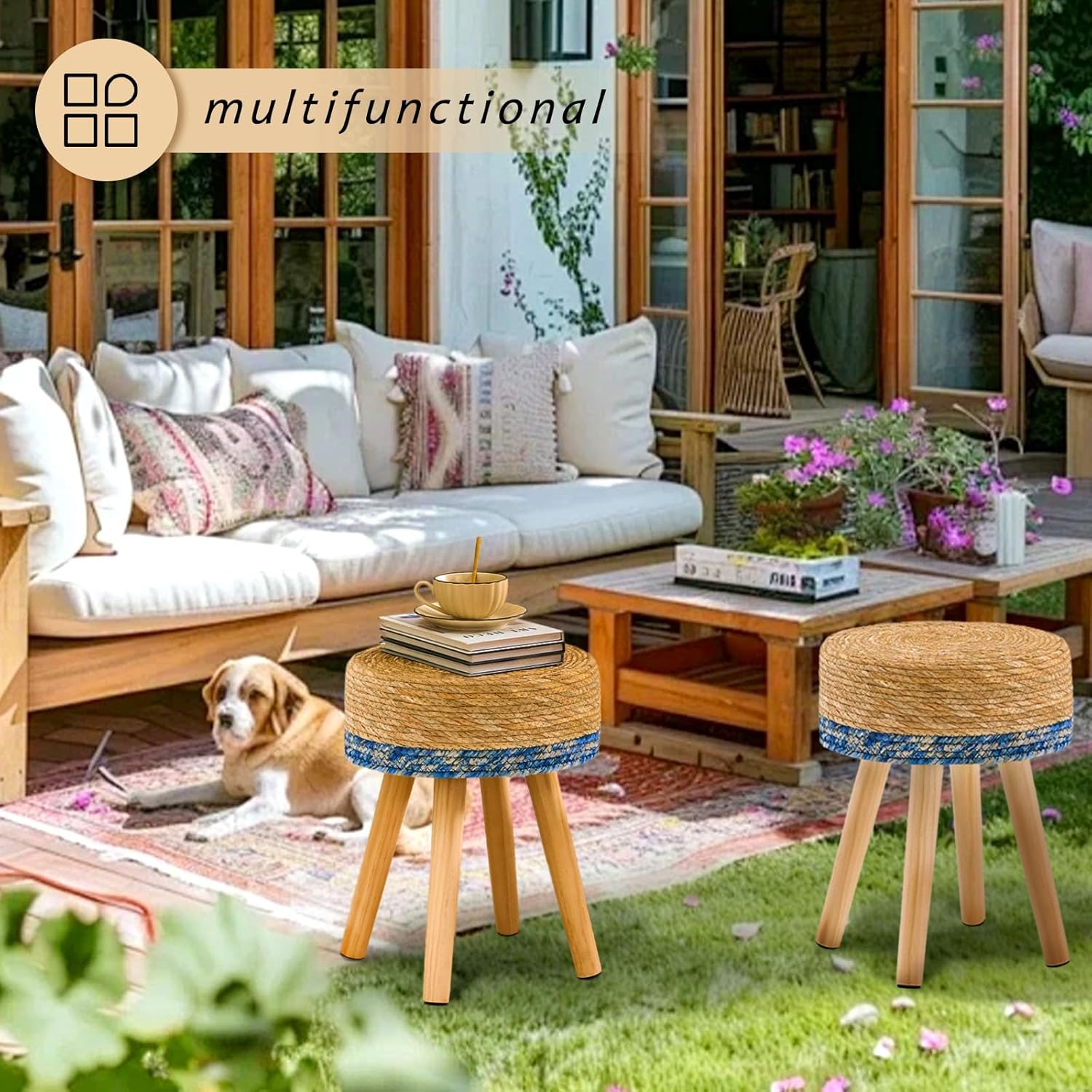 Handwoven Outdoor Ottoman, Water Hyacinth Pouf Round Patio Footstool with Wood Legs, 17-Inch
