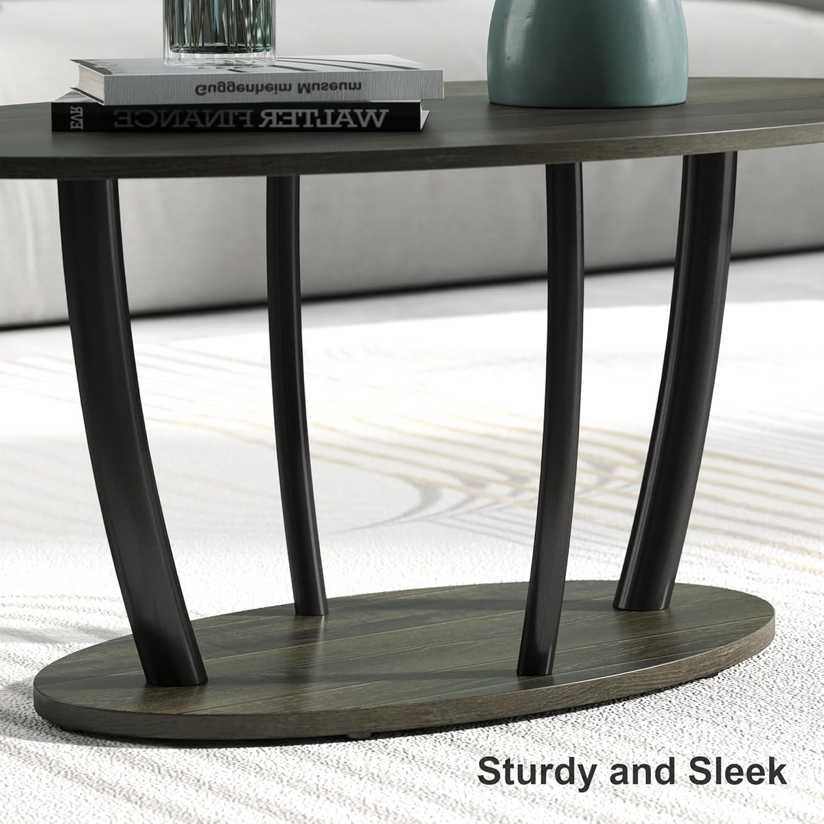 Manora Small Oval Coffee Table with Storage, Rustic Farmhouse Industrial Center Table for Living