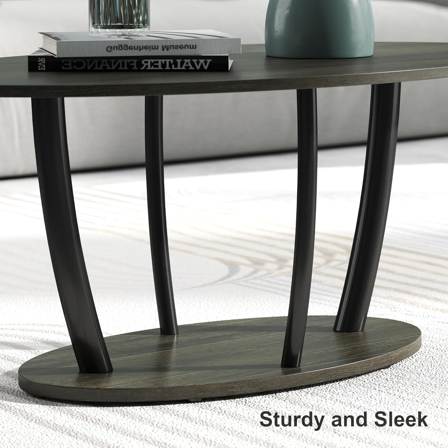 Manora Small Oval Coffee Table with Storage, Rustic Farmhouse Industrial Center Table for Living