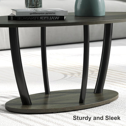 Manora Small Oval Coffee Table with Storage, Rustic Farmhouse Industrial Center Table for Living