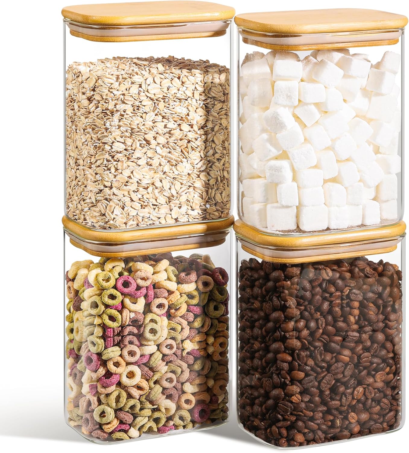 ComSaf 1.2 Qt Rectangle Glass Storage Containers with Lids, Glass Jars with Bamboo Lids, Clear Food