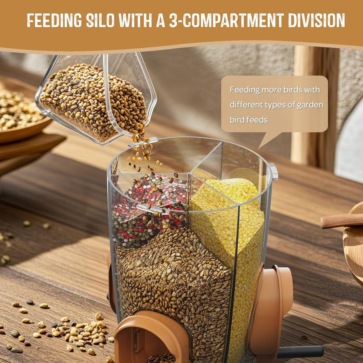 LONA Bird Feeders for Outdoors Hanging – 3 Separate Compartments, 3 Feeding Ports, Weatherproof