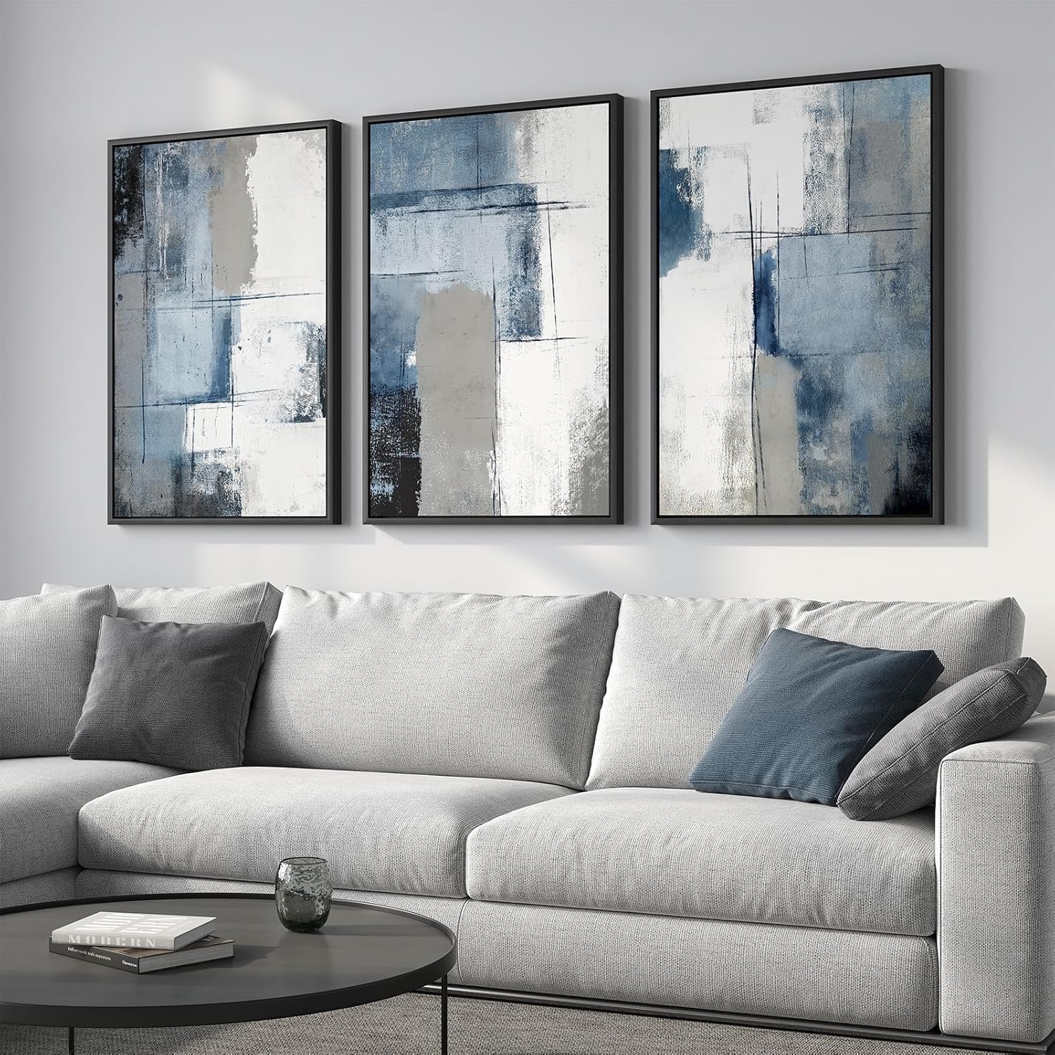 Large Framed Navy Blue and Grey Abstract Wall Art for Living Room, 3 Piece Modern Canvas Prints
