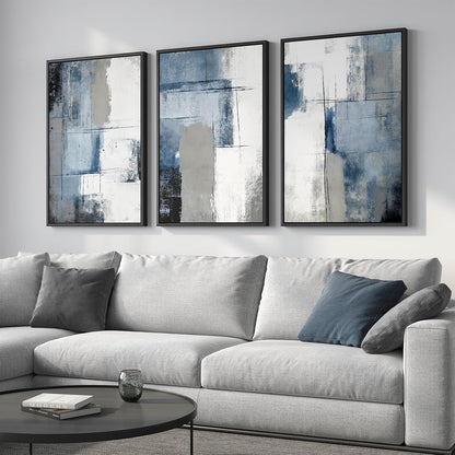 Large Framed Navy Blue and Grey Abstract Wall Art for Living Room, 3 Piece Modern Canvas Prints