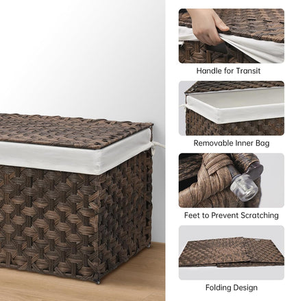 Wicker Storage Basket with Lid, 17.2 Gallon (65L) Small Blanket Basket with Lid, Woven Storage Bin