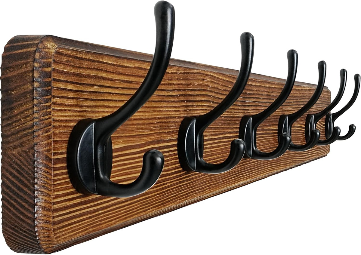 Dseap Coat Rack Wall: 24" Long, Patented, Heavy-Duty, 6-Double-Hooks Wooden Wall Mounted Coat Rack