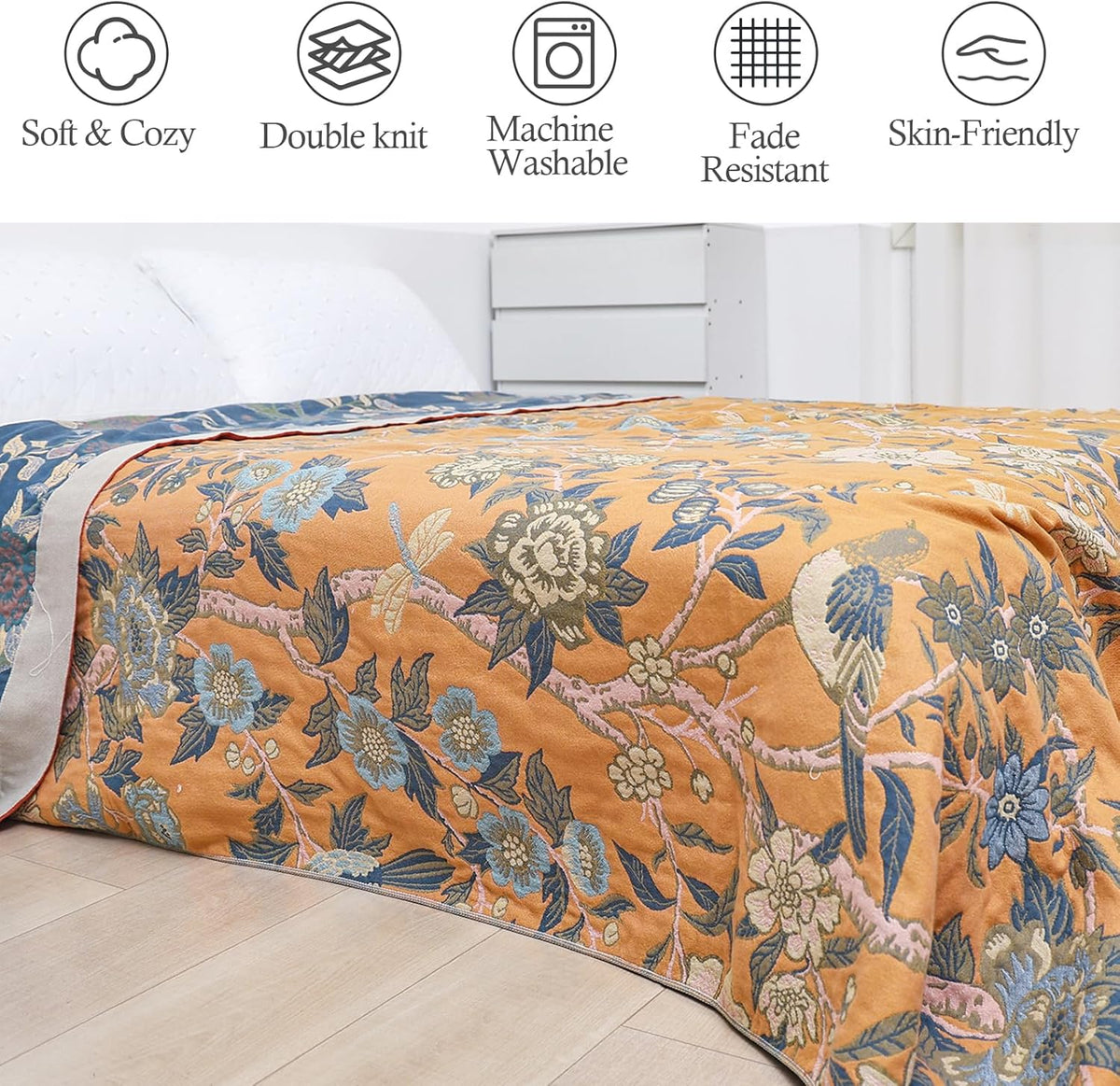 Snycler Boho Throw Blanket for Bed - 100% Cotton Ultra Soft Rustic Quilt Blanket Orange Bird Floral