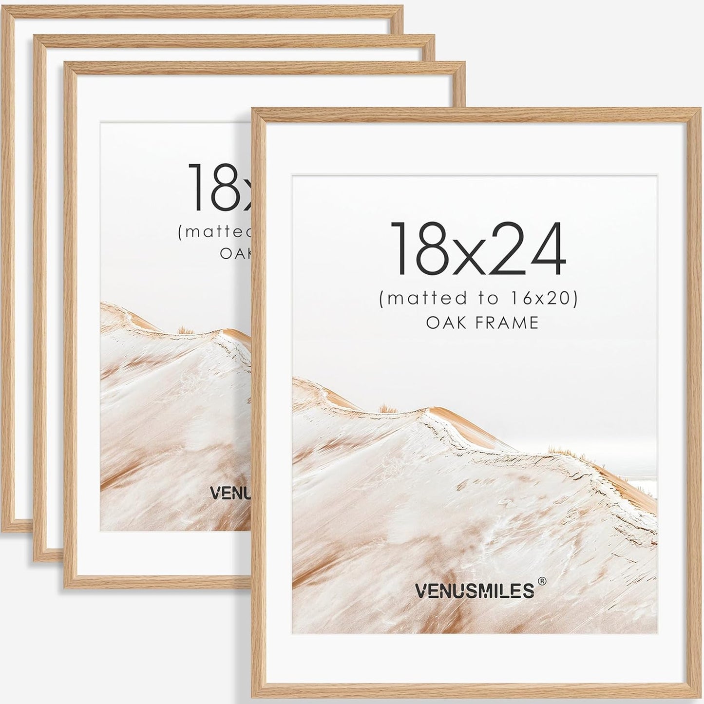 18x24 Poster Frame Set of 4 Natural Solid Oak Photo Frames with 16x20 Removable Mat Wall Hanging