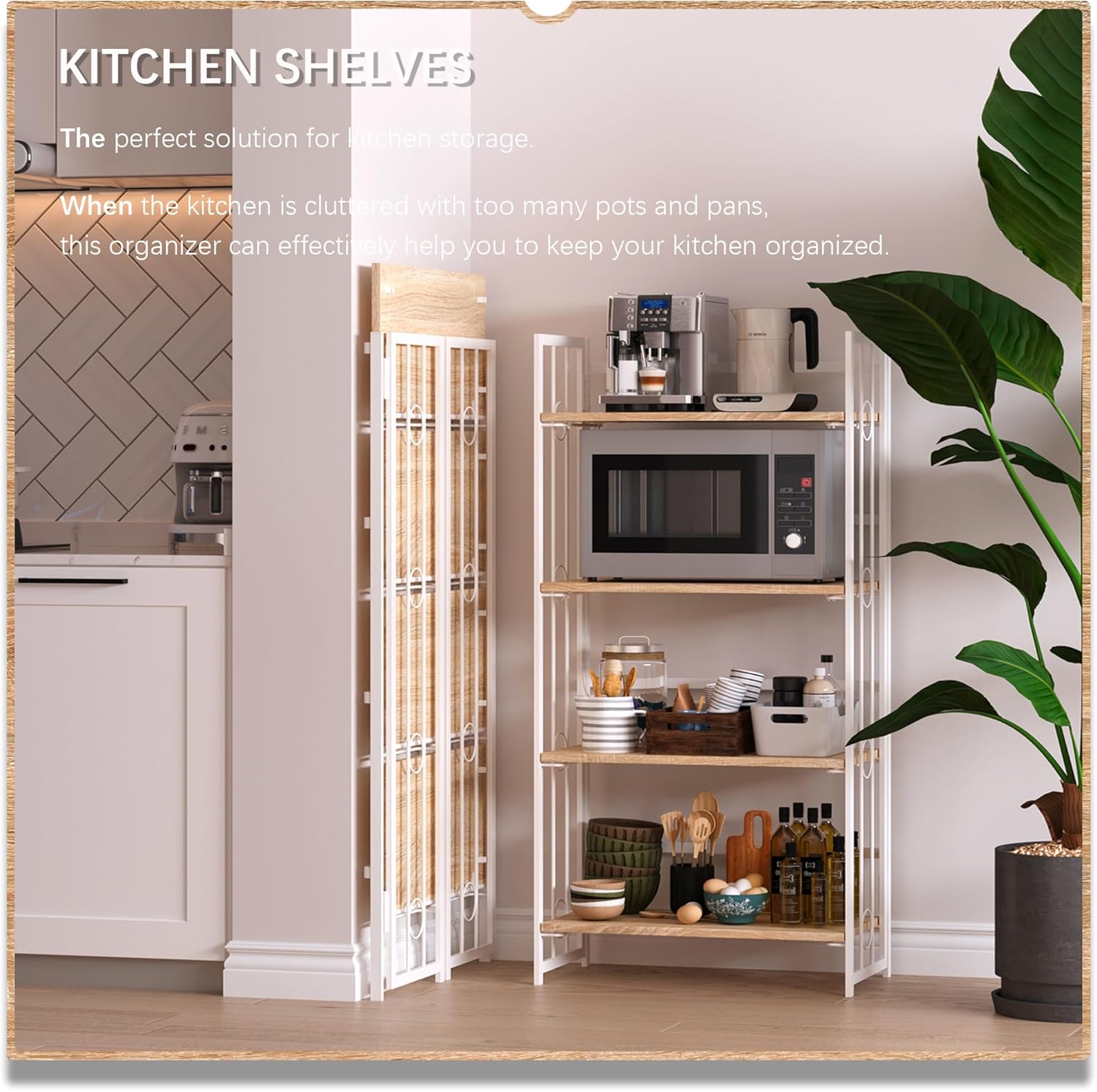 4NM No Assembly 4 Tiers Folding Bookshelf, 47.2" H Foldable Storage Shelves Vintage Bookcase