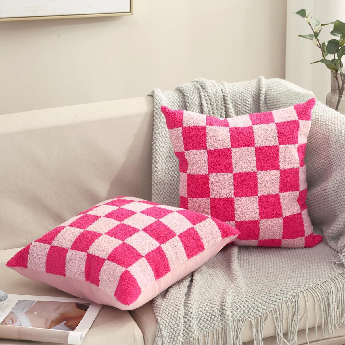 Alysheer Checkered Embroidered Decorative Throw Pillow Covers 18"x 18" Set of 2, Farmhouse Cottage