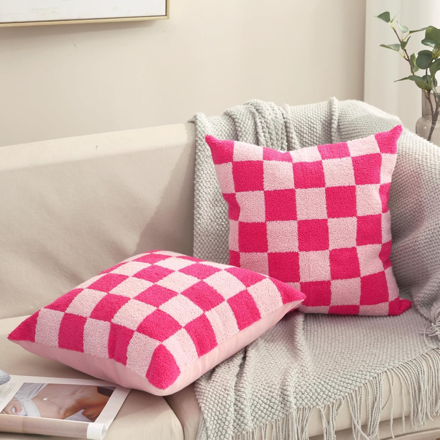 Alysheer Checkered Embroidered Decorative Throw Pillow Covers 18"x 18" Set of 2, Farmhouse Cottage