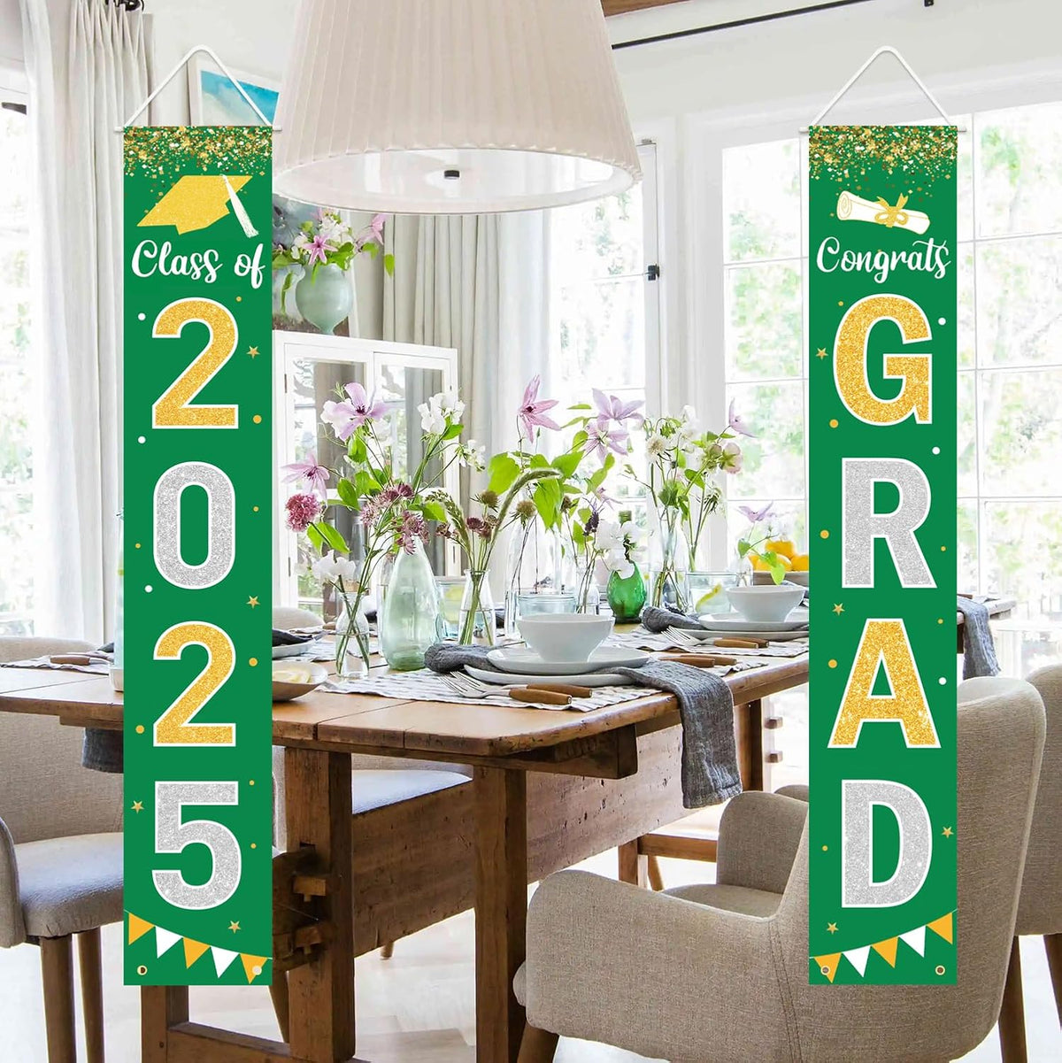 Graduation Decorations 2025 GRAD Banner Green Porch Door Sign Welcome Banner For Indoor Outdoor