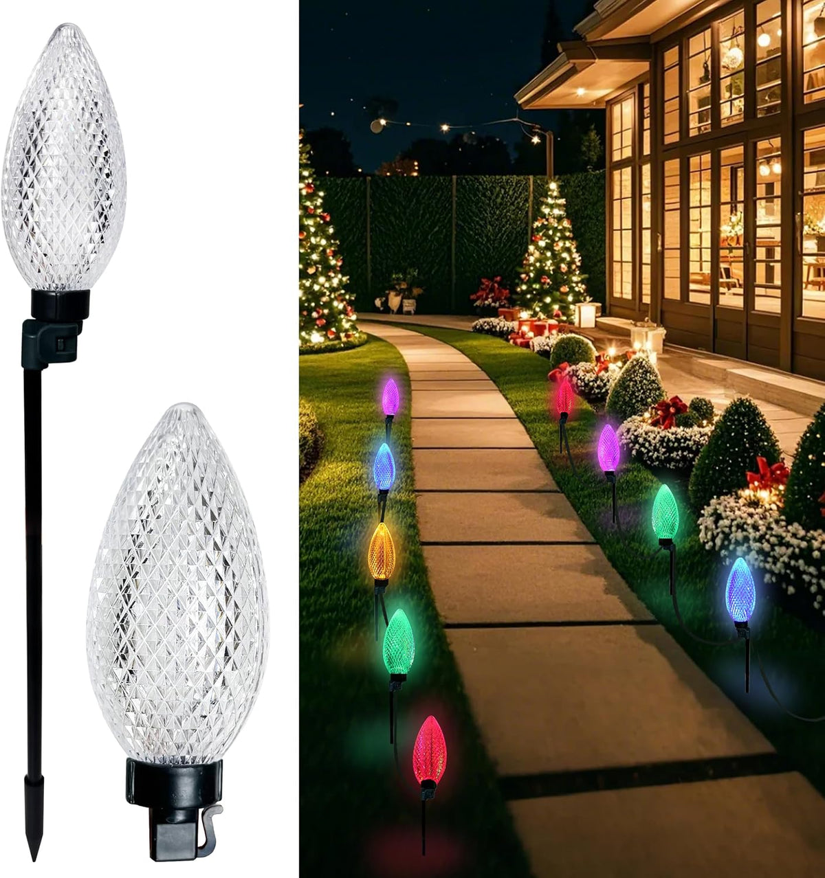 AWQ 10 LED 24.6FT Christmas Pathway Lights, Multi & Warm Color Pinecone Marker Lights with 10 Steel
