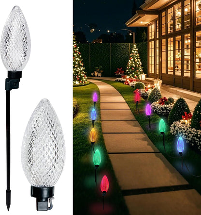 AWQ 10 LED 24.6FT Christmas Pathway Lights, Multi & Warm Color Pinecone Marker Lights with 10 Steel