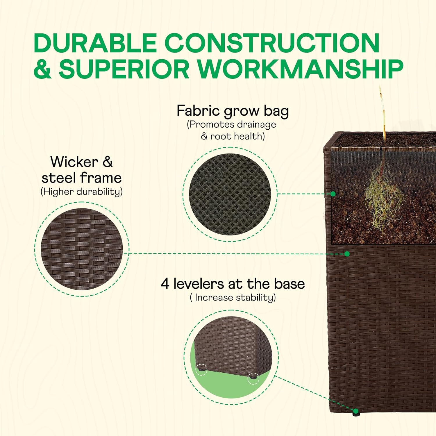 IDZO All Weather Wicker Planter Raised Garden Bed, 24 in Tall Round Rattan Flower Pots, Durable