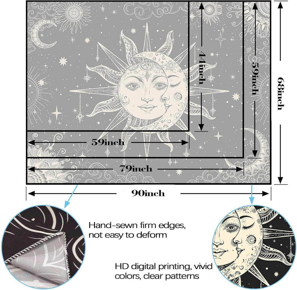 Lunerfex Sun and Moon Tapestry Mandala Wall Tapestry, Vintage Tapestries for Bedroom Ceiling