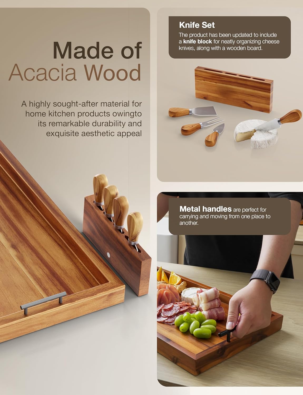 Acacia 30 Inch Large Charcuterie Board with Cheese Knife Set of 4 – Acacia Wood Serving Tray With