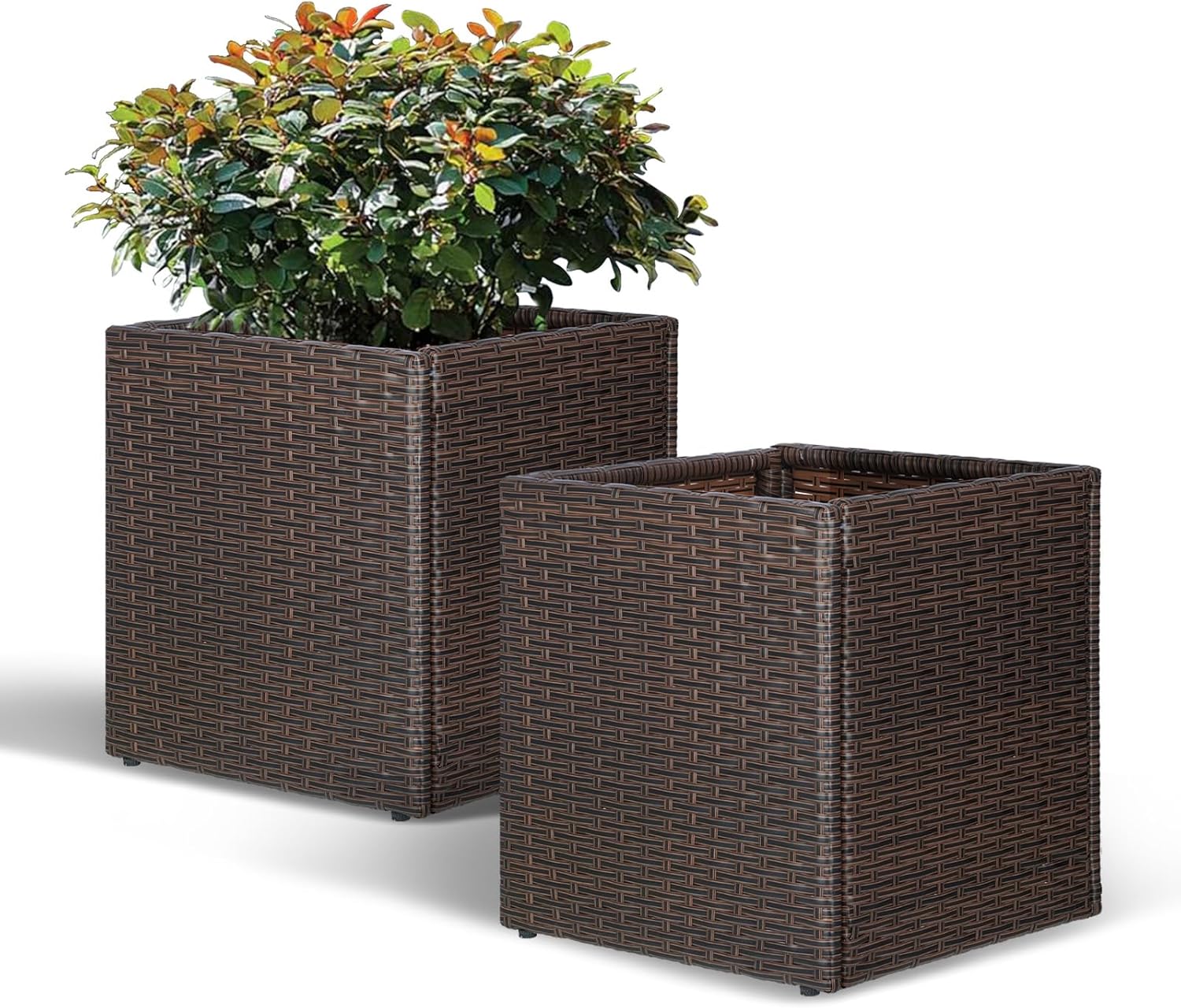 SUNNYPARK Set of 2 Large Square Planter with Removable Liner, All-Weather PE Rattan Modern Planters