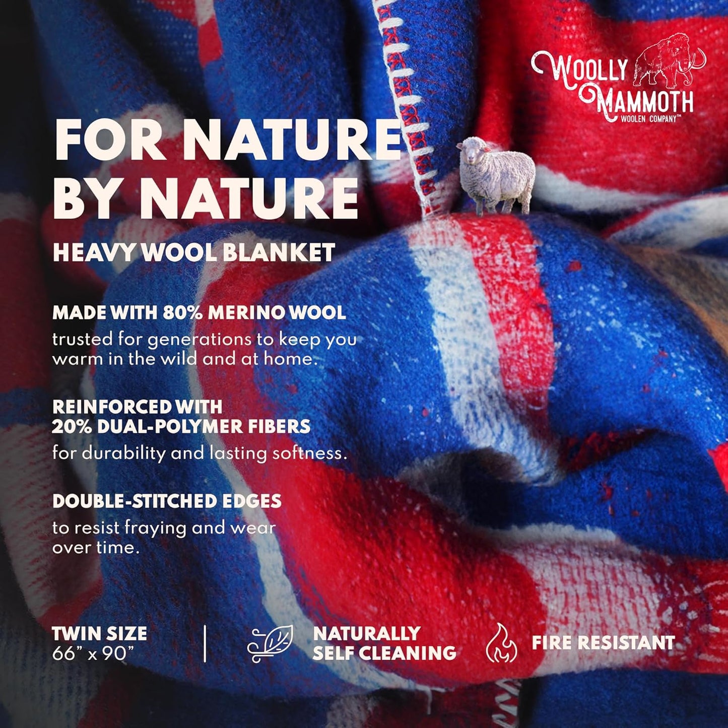 Woolly Mammoth Woolen Company Merino Wool Camping Blanket - 66 × 90 in, Red/White & Blue Plaid