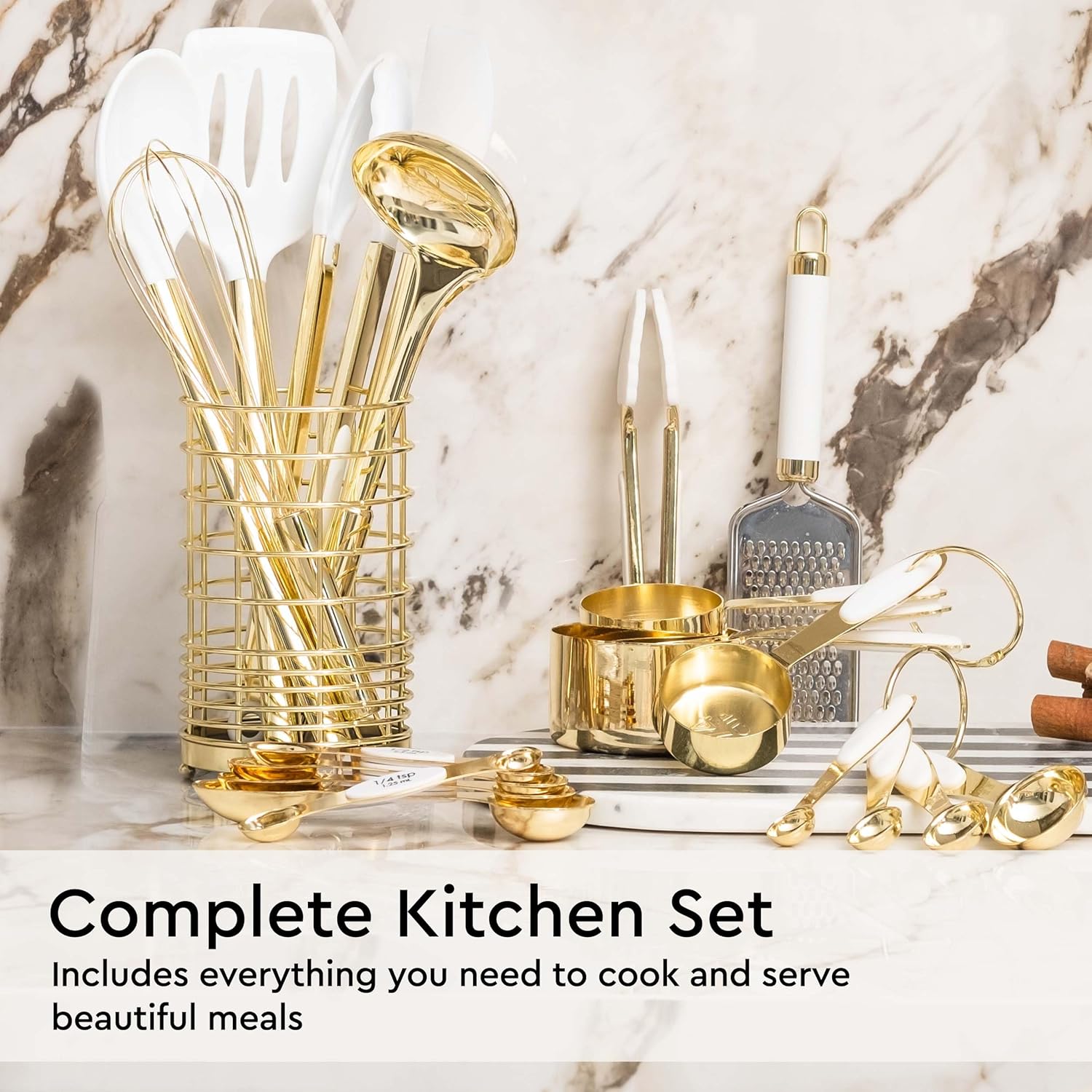 White and Gold Kitchen Utensils Set - 23-Piece Gold Kitchen Accessories Include Measuring Cups and