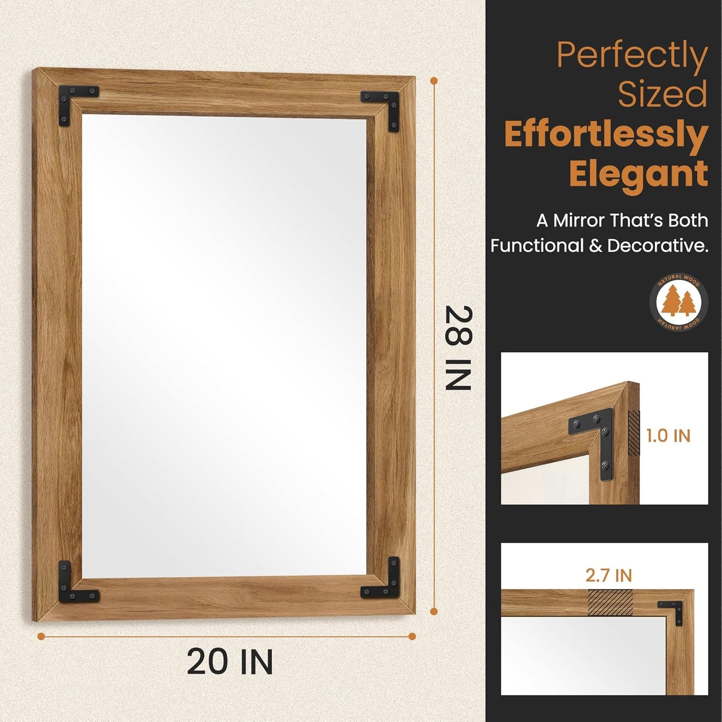 Bathroom Mirror for Wall with Wooden Frame, 20"x28" Solid Wood Vanity Mirror for Farmhouse