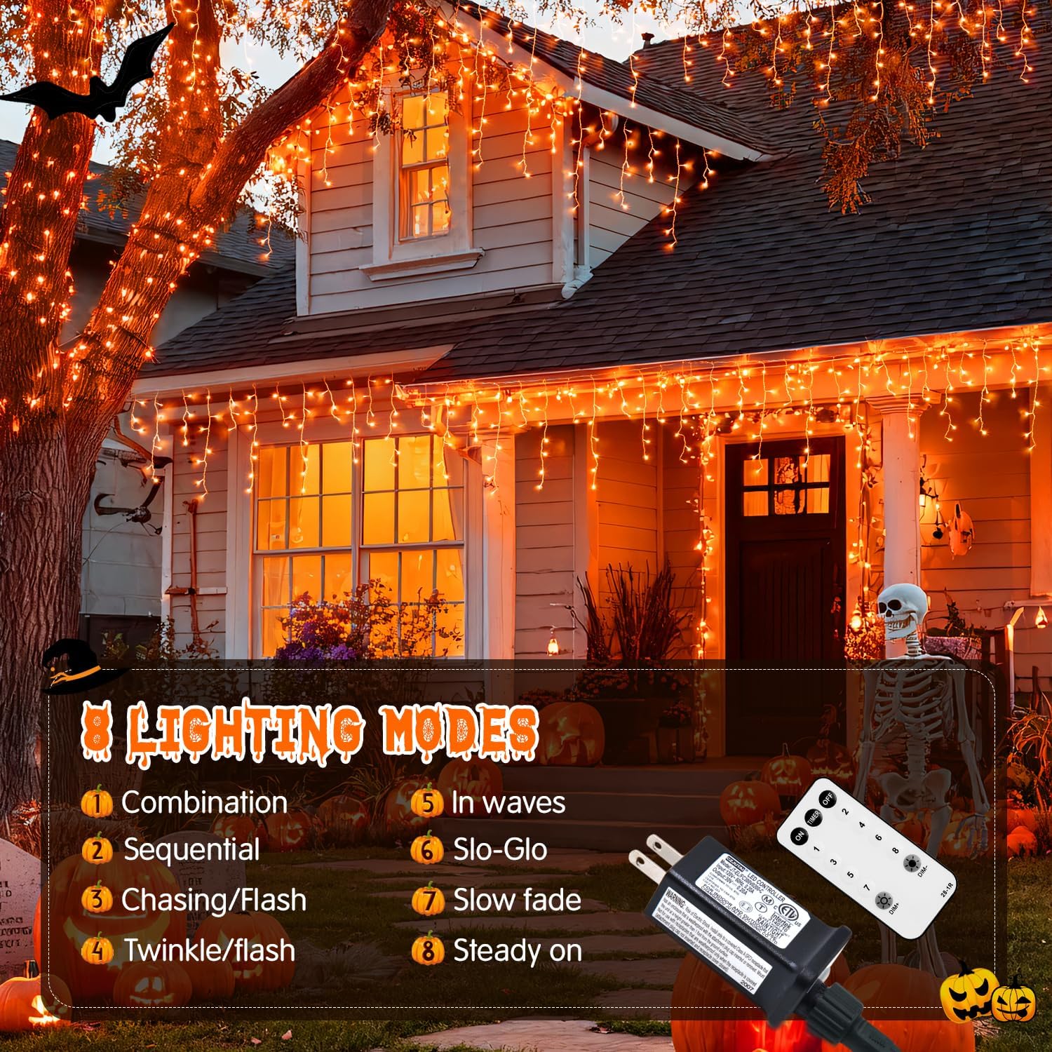JMEXSUSS Orange Halloween Lights Outdoor, 38.8 FT 400 LED Orange Icicle Lights Outdoor Waterproof