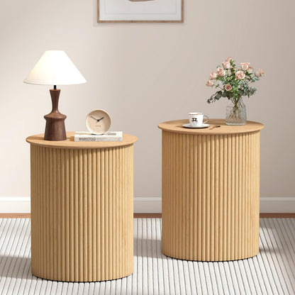 AVZEAR Small Round Side Table Fluted Night Stand Set of 2, Modern Boho End Table with Storage