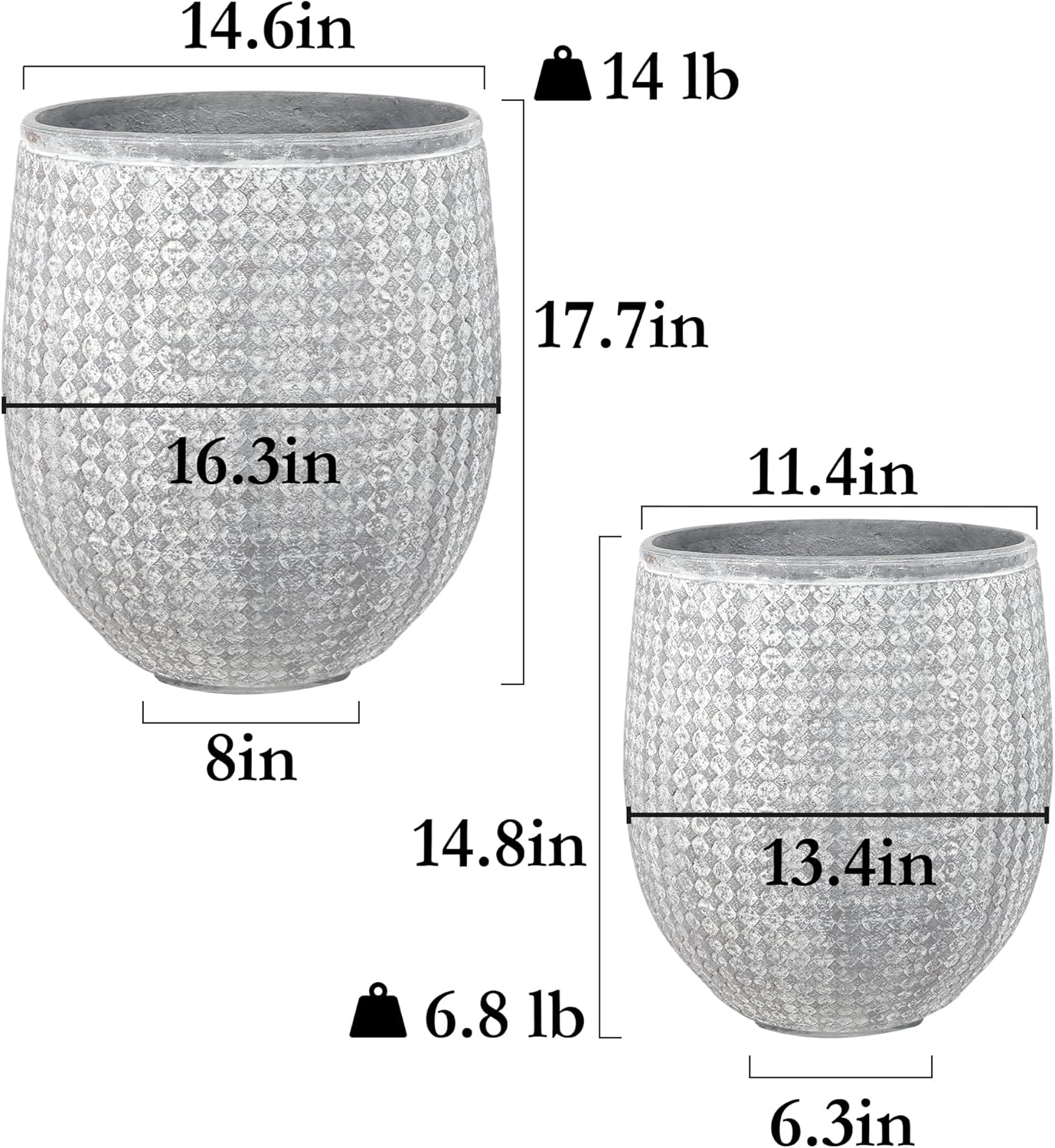 Worth Garden Large Round Planters Set of 2 (14.5"x17.5" & 12" x15“) - Lightweight Magnesium Oxide
