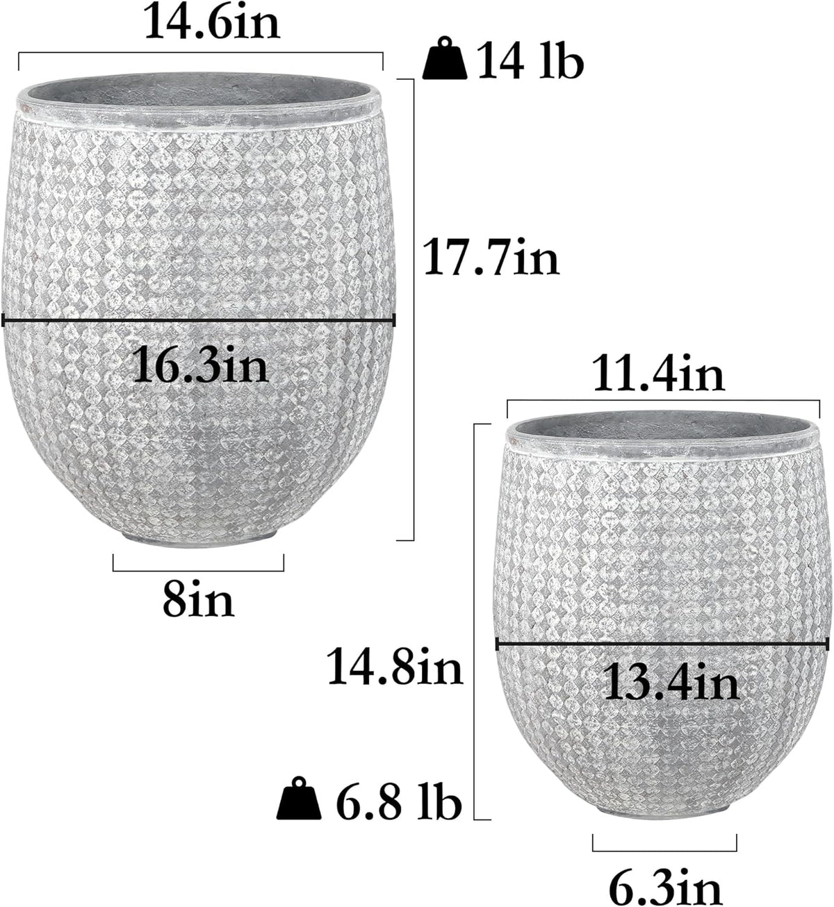 Worth Garden Large Round Planters Set of 2 (14.5"x17.5" & 12" x15“) - Lightweight Magnesium Oxide
