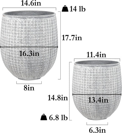 Worth Garden Large Round Planters Set of 2 (14.5"x17.5" & 12" x15“) - Lightweight Magnesium Oxide