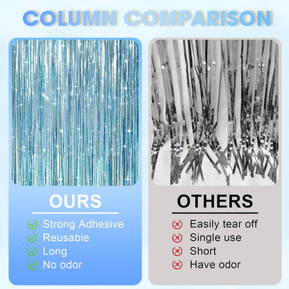 3 Pack 3.3 x 8.2 ft Laser Blue Foil Fringe Backdrop Curtains, Tinsel Streamers Party Decorations