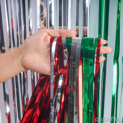 Red Silver Green Party Streamers - GREATRIL Christmas Tinsel Backdrop for Xmas Winter Italian Elf