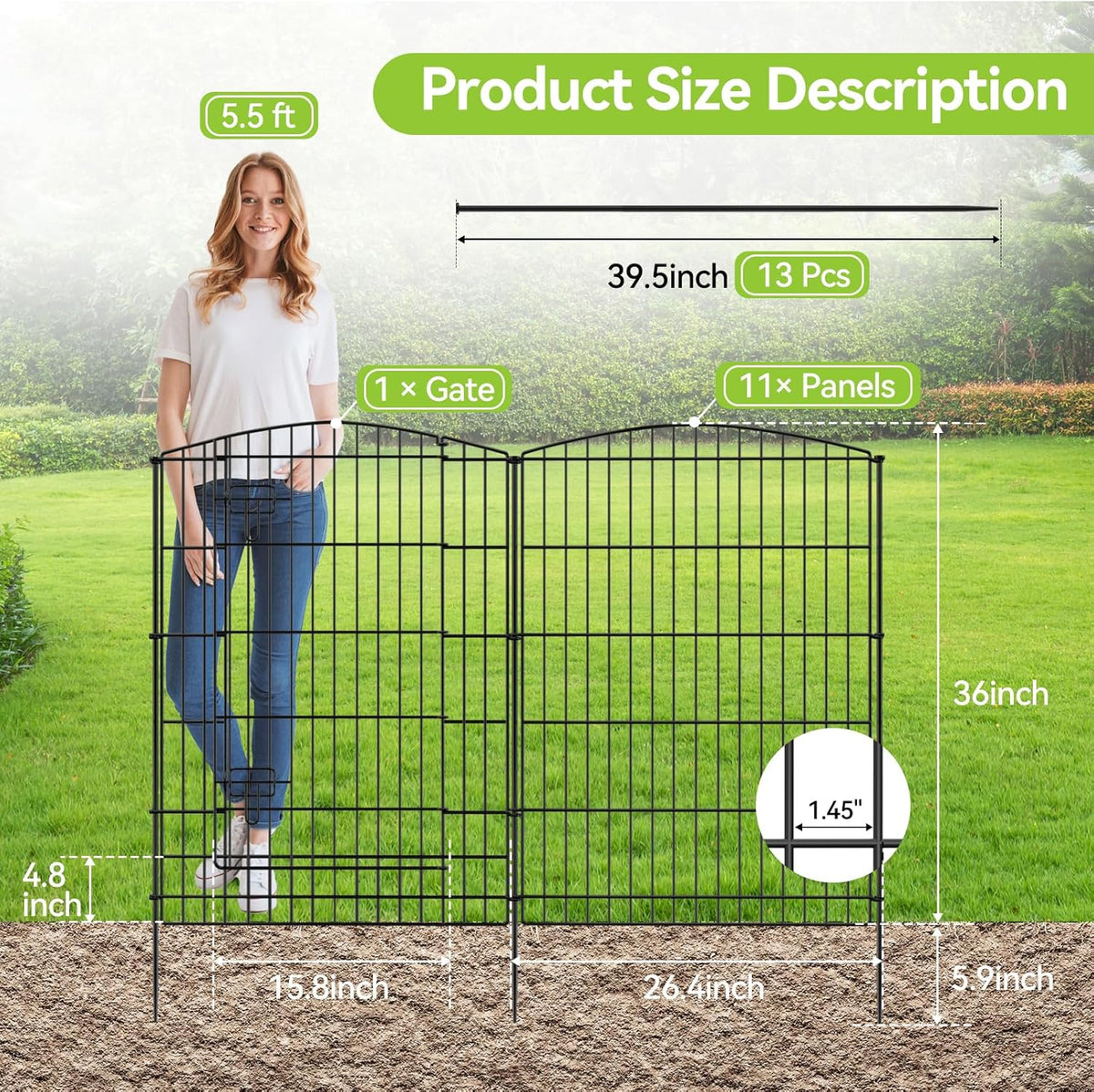 INJOPEXI Decorative Garden Fence 12 Panels 26ft (L)×36in (H) Garden Fences with 11 Panels + 1 Gate